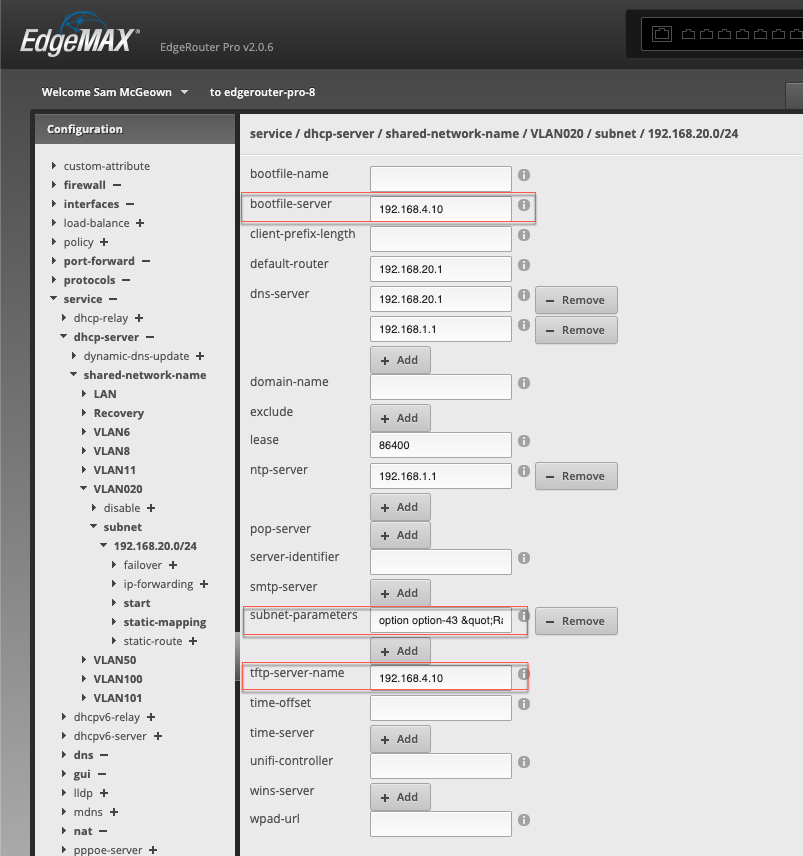 EdgeRouter DHCP Options