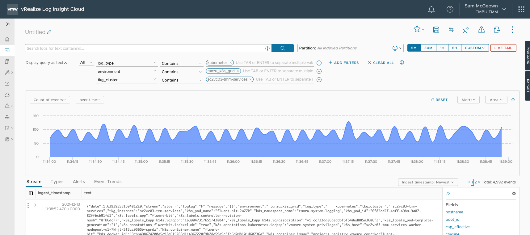 Log Insight Cloud with filters for TKG content