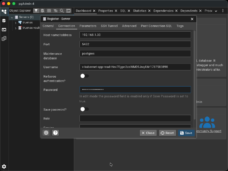 Registering the generated credential as a new pgAdmin server connection