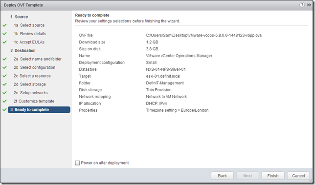 vCOps 5.8 - Deploy OVF - Review and finish