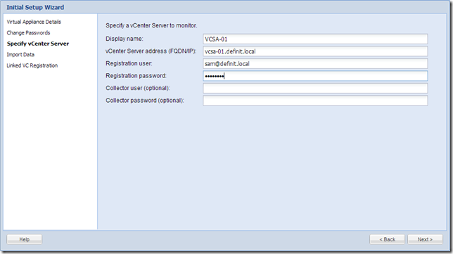 vCOps 5.8 - Initial configuration - Specify vCenter Server