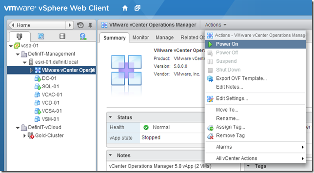 vCOps 5.8 - Power on the vApp
