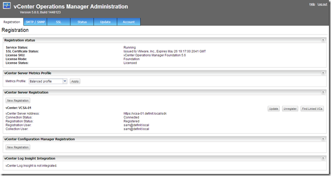 vCOps 5.8 - Initial configuration - Administration page