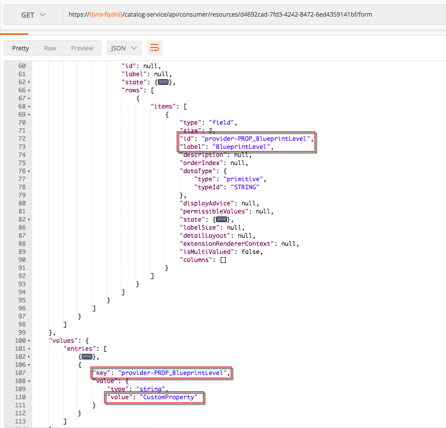 vRA API Blueprint Level Custom Property